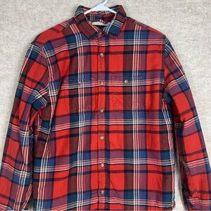 Aeropostale Men's Orange and Blue Plaid Flannel and Faux Fur Shacket - Size S